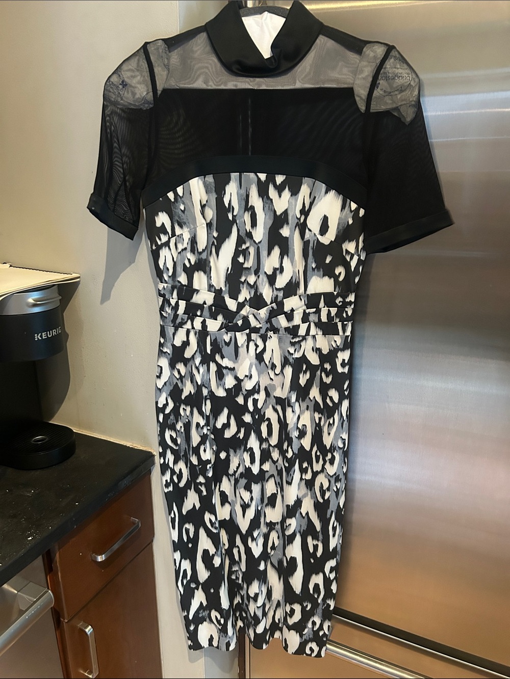 Karen Millen Black and White Printed Mesh Yoke Midi Dress